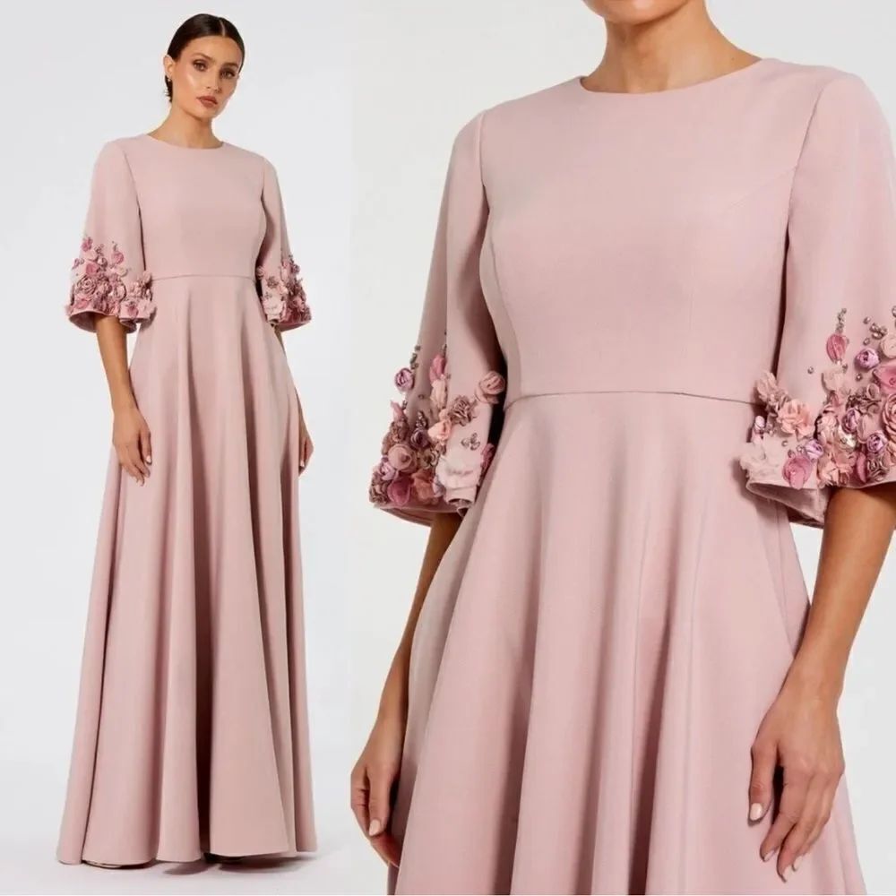 MAC DUGGAL 11854 Pink Crepe 3/4 Sleeve A-line Gown With Flower Trim